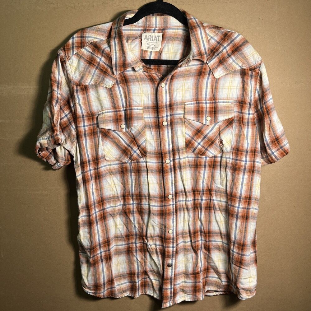 Ariat Retro Fit Pearl Snap Shirt Men's XL  Rust Plaid Western Chest Pockets (39)